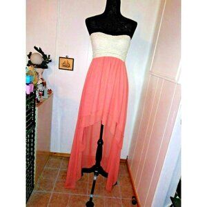 Strapless Maxi Dress Womens Hi Low Sz S/M/L peach cream lace bust sharkbite